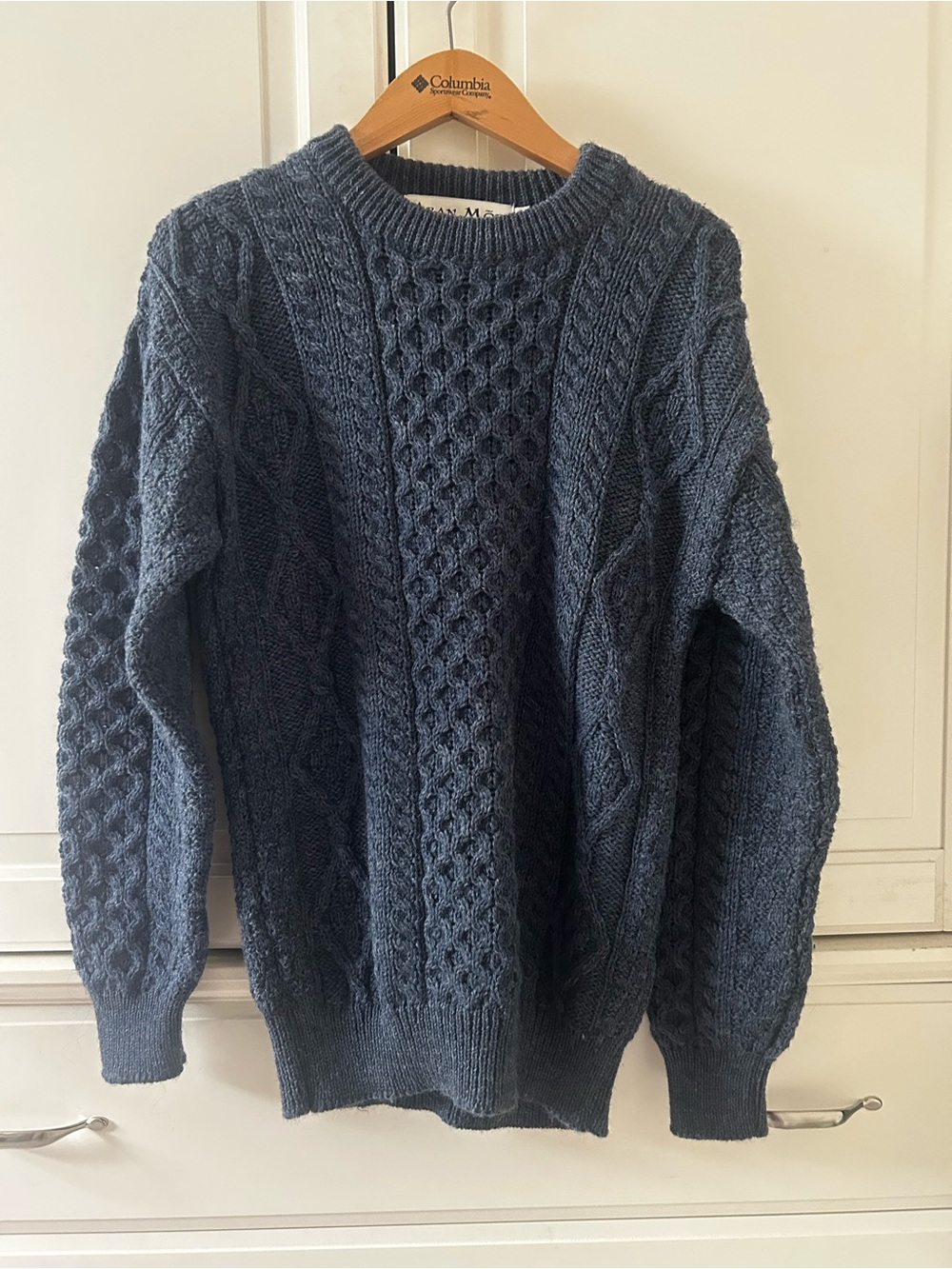 Aran Mor Irish Wool Cableknit Sweater Fisherman Navy Blue Womens
